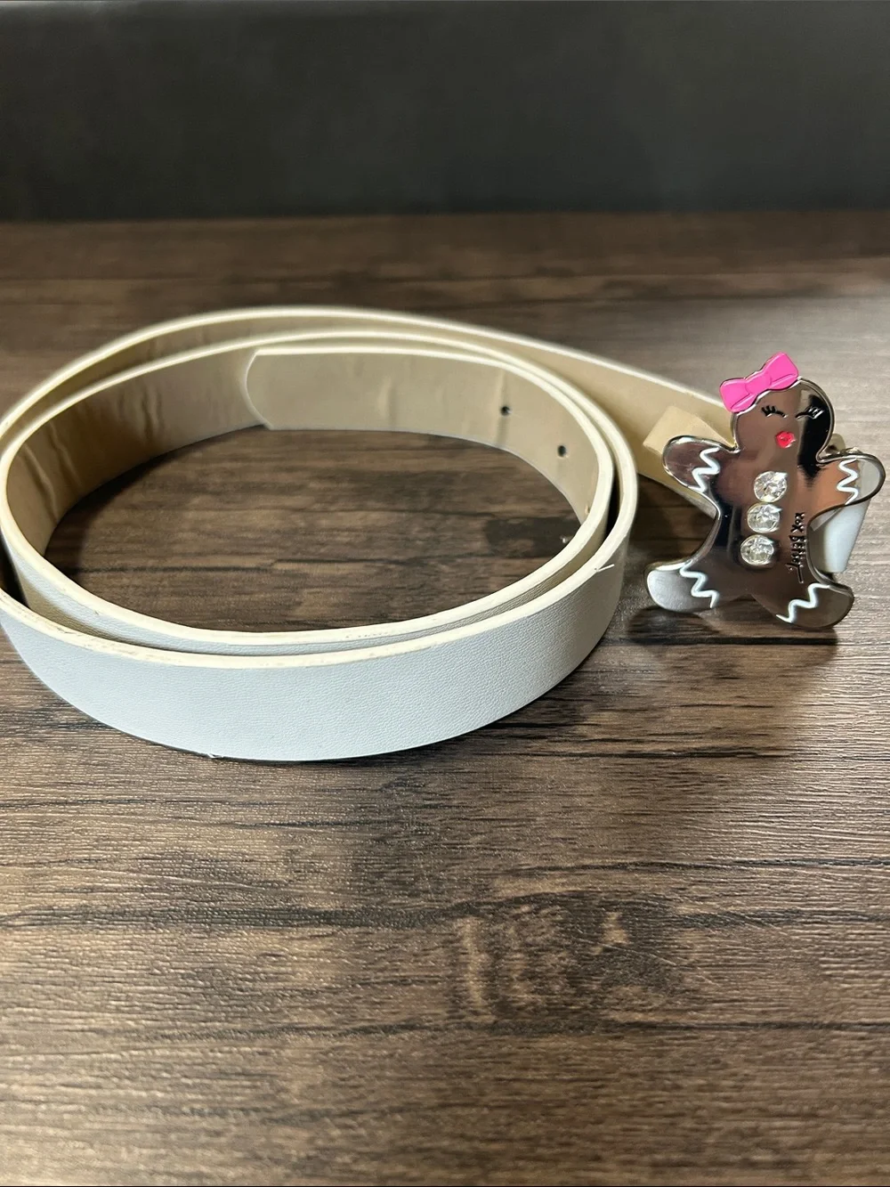 Betsey Johnson White Belt with Gingerbread Character Buckle